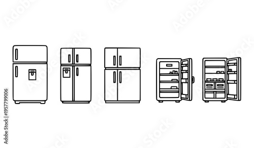 Refrigerator outline icons lineup with single double door and freezer fridge symbols minimal vector set