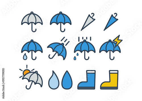 雨傘と日傘のアイコンセット 長靴 雨模様 熱中症対策 梅雨