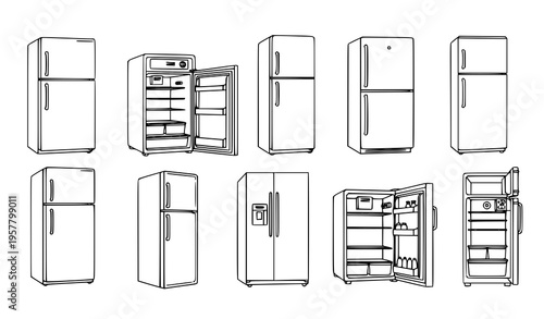 Fridge icon collection with outline refrigerator types and kitchen appliance symbols vector isolated