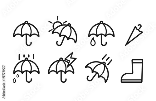雨傘と日傘の線画アイコンセット 傘 長靴 シンプル 白黒