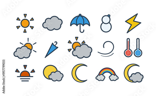 お天気アイコンセット 15種類 カラー 太陽 雲 傘 雪だるま 天候
