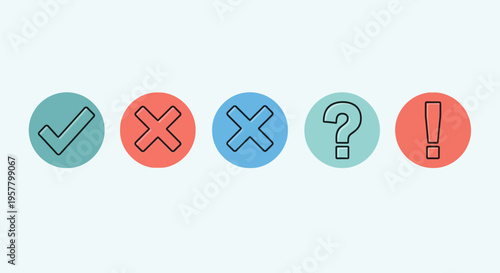 Set of round colorful symbols with check mark cross question and exclamation