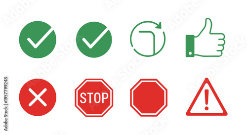 Set of various green checkmarks red stop signs and other icon symbols