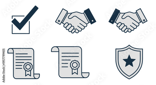 Set of vector illustrations featuring check marks handshakes documents and shields