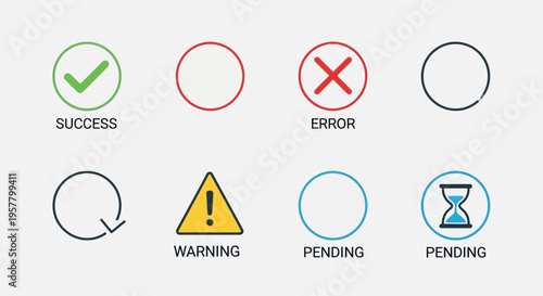 Set of vector icons representing success error warning and pending states