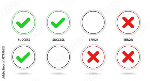 Success and error icons set check marks and crosses on white