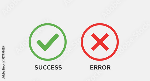 Success and error icons green check mark and red x symbols on white