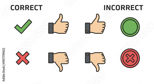 Thumbs up and down hand gestures with check marks and crosses on white background