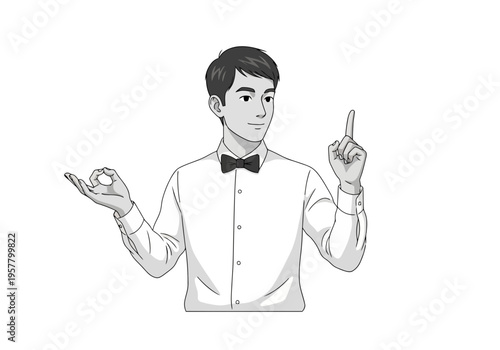 A man in a white shirt and bow tie gesturing with his hands