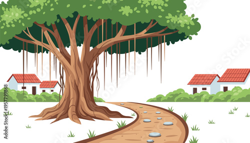 Large Banyan Tree with Hanging Roots and Village Houses