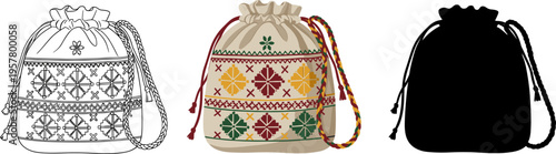Traditional Drawstring Pouch Bag with Folk Embroidery