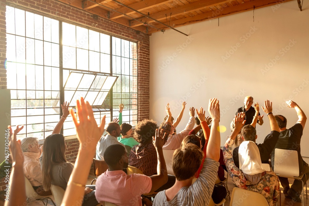 Fototapeta premium Engaged audience raising hands.