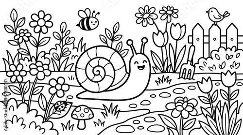 Snail moving through garden flowers slowly.