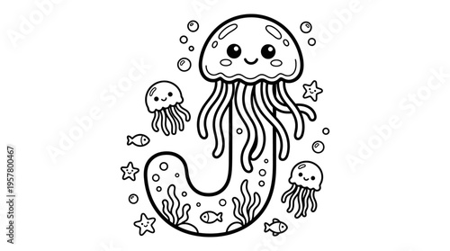 Smiling cartoon jellyfish with tentacles.