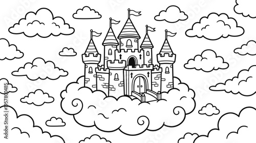 Fantasy Castle on Cloudy Sky Background.