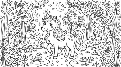 Unicorn standing in forest with flowers.