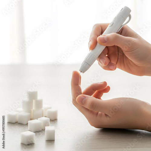 An adult person uses a lancing device on their finger next to a pile of sugar cubes to monitor blood glucose levels. Generative AI