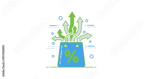 Shopping bag with arrows representing growth and direction on white background