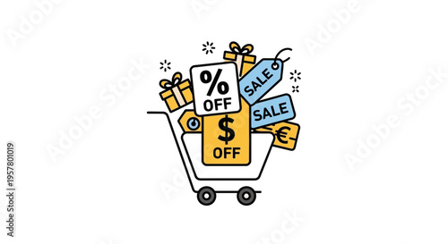 Shopping cart overflowing with discount tags and gift boxes in a vector illustration