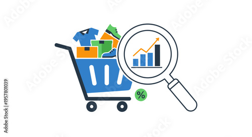 Shopping cart illustration with magnifying glass and graph for sales analysis
