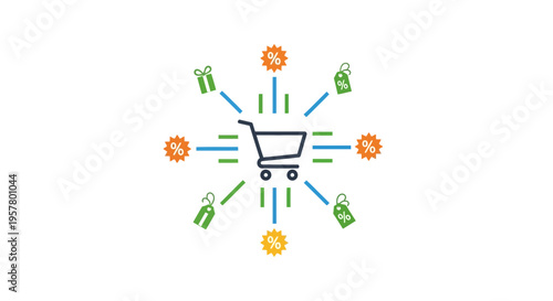 Shopping cart surrounded by icons representing sales and discounts