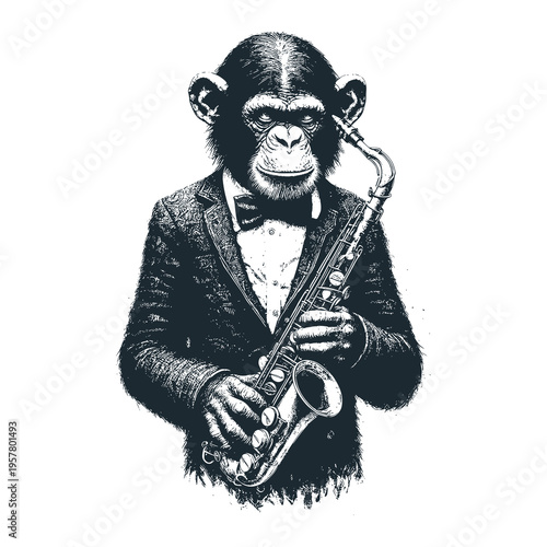 chimpanzee wearing formal suit playing saxophone