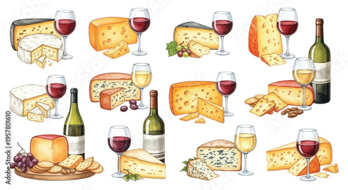Watercolor Cheese and Wine Set Collection, Gourmet Dairy and Vineyard Illustration