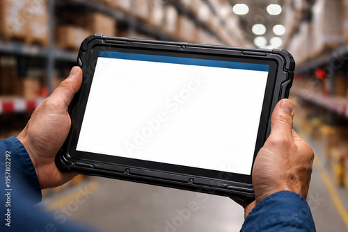 Warehouse worker holding rugged tablet with blank screen in warehouse aisle with shelves and boxes. Mockup copy space for logistics app interface. Concept of inventory management, warehouse workflow