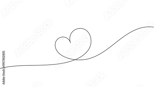 一筆書きのハートの線画。一本の黒い糸が大きなハートを紡ぐデザイン。バレンタインをイメージした愛情のシンボル