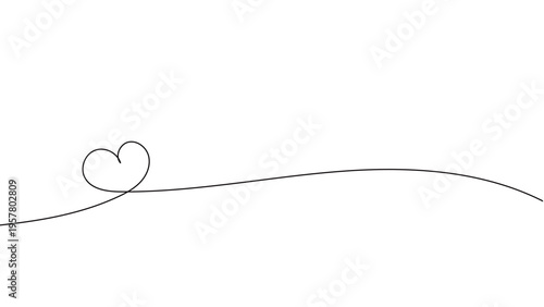 一筆書きのハートの線画。一本の黒い糸がハートを紡ぎながら波打つデザイン。恋心や愛情のシンボル背景。