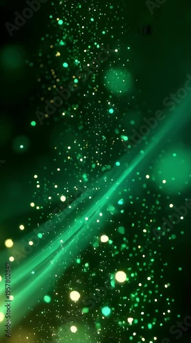 Green glowing orbs on black loop with diagonal light abstract background animation