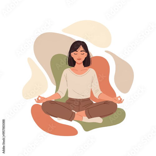 Serene woman meditating in lotus position with eyes closed against abstract shapes in earthy tones.