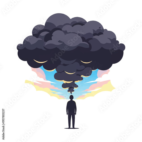 Illustration of a man standing under a large, dark cloud with a puzzled expression and a thought bubble, against a white background with a blue, pink and yellow sky.