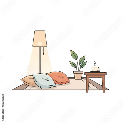 Illustration of a cozy room interior with pillows, a floor lamp, plant, and steaming cup on a side table against a white background.