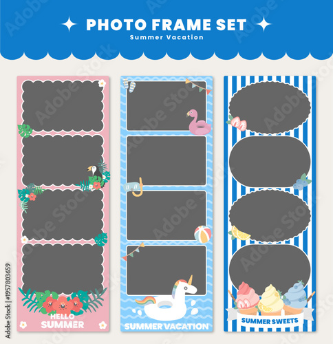 여름 방학 여름휴가 네컷 사진 프레임 일러스트레이션 벡터 이미지