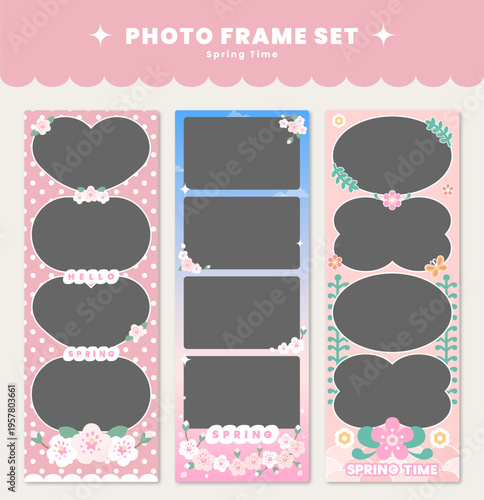 봄 시즌 벚꽃 네컷 사진 프레임 일러스트레이션 벡터 이미지