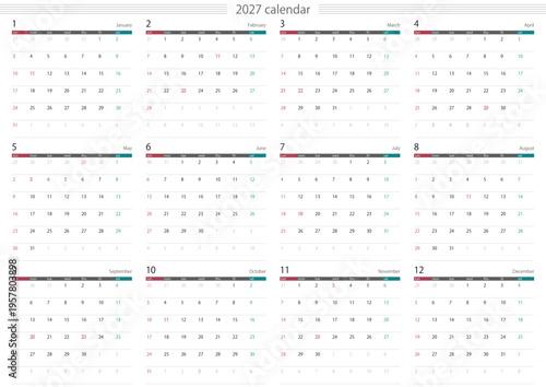 2027年 メモスペースのあるシンプルなカレンダー 12ヶ月一覧　日本の祝祭日対応
