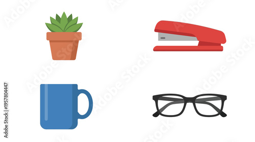A collection of common office and home items including a potted plant, a red stapler, a blue mug, and black-framed eyeglasses.