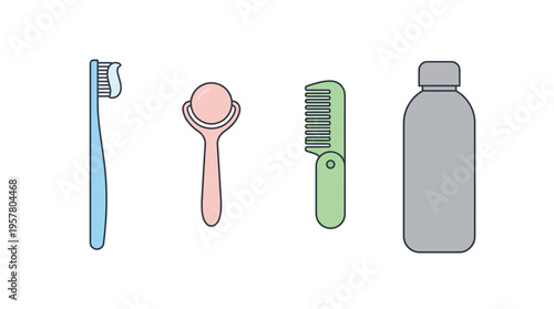 Illustration of various personal hygiene and grooming items including a toothbrush, tongue cleaner, comb, and bottle.