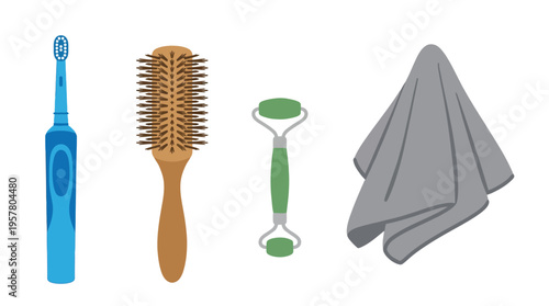 A collection of personal hygiene and beauty tools including an electric toothbrush, hairbrush, jade roller, and towel.