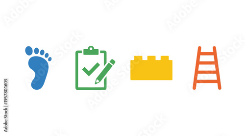 Four distinct icons representing concepts of progress, planning, construction, and ascent, including a footprint, a checklist, a brick wall, and a ladder.