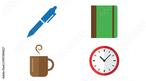 A collection of everyday office and study items including a blue pen, a green book, a brown coffee mug with steam, and a red wall clock on a white background.