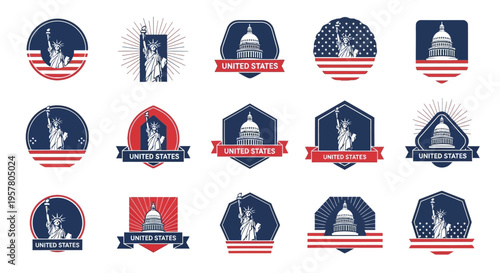 Set of United States Patriotic Logos and Badges with Statue of Liberty and US Capitol Building. Flat Vector Symbols for Independence Day and American Heritage Designs.