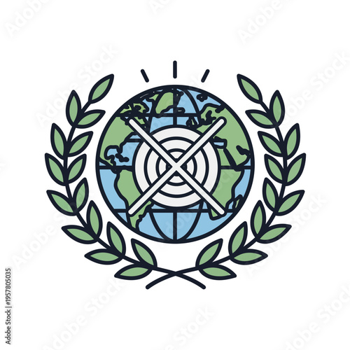 Earth with target crossed out in laurel wreath.