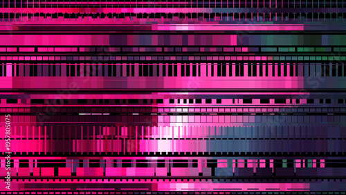 Abstract digital glitch art background with distortion effect, bright dynamic strokes, magenta color lines for design concepts, wallpapers, presentations, posters, prints and web. Vector illustration.