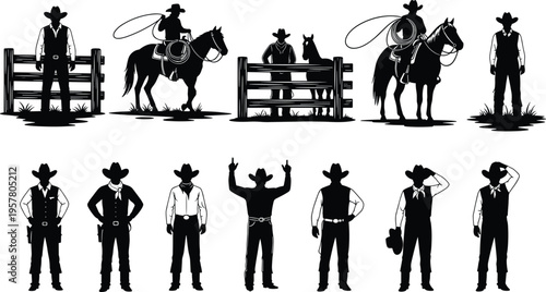 Cowboy silhouette set with horse, lasso, ranch fence scenes, western outlaw characters, black vector icons of rodeo riders and wild west figures collection