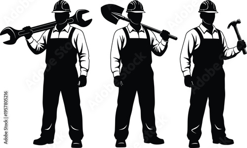 Construction workers silhouettes holding tools including wrench, shovel and hammer, industrial labor characters in black vector style isolated on white background for design