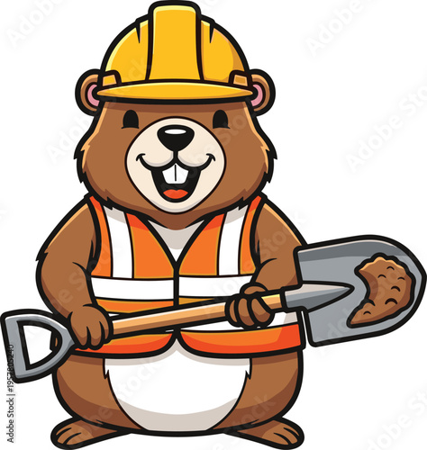 Cute beaver construction worker cartoon character wearing helmet and safety vest holding shovel, friendly animal mascot illustration isolated on white background