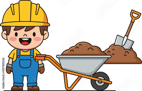 Cute cartoon construction worker with wheelbarrow and shovel building concept vector illustration isolated on white background for kids education construction industry and work safety