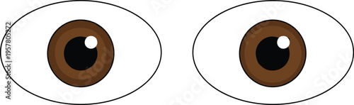 Pair of cartoon-style brown eyes with black pupils and white reflections, symmetrical forward-facing design illustration concept for attention, observation, focus, and educational artwork.